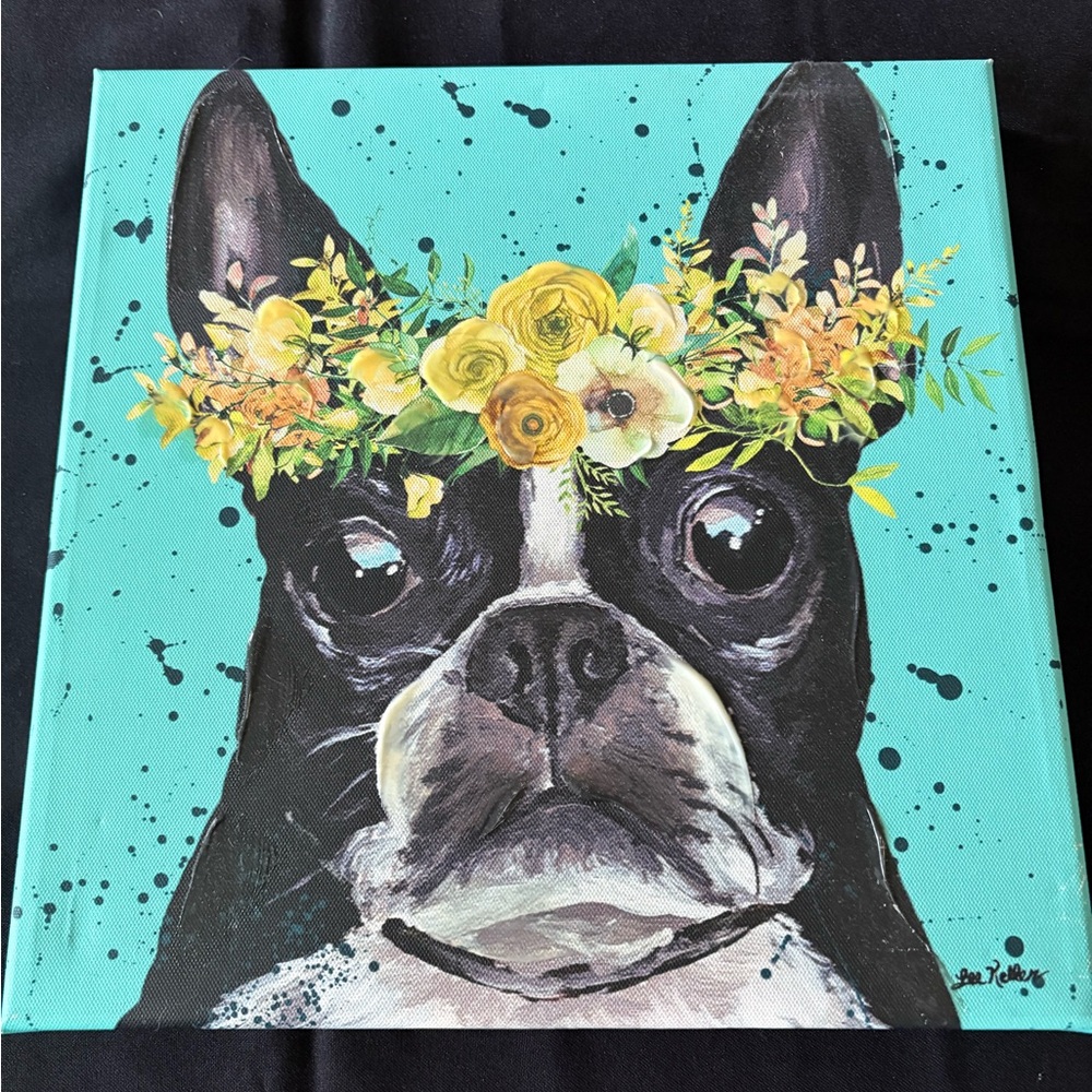 Bulldog Canvas Art with Floral Crown